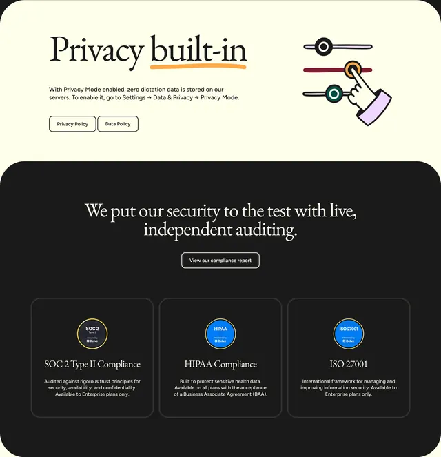 Flow privacy and compliance feature section, minimal, illustrated, light