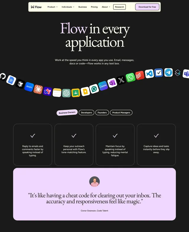 Flow product hero, dark-mode, minimal, dark