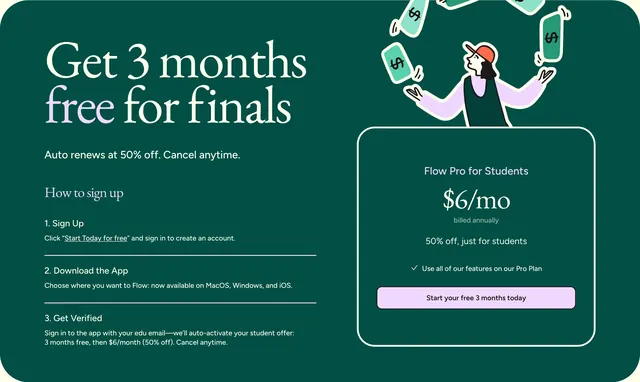 Flow student discount pricing, dark-mode, minimal, dark