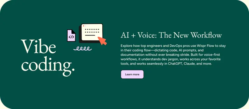 Flow Voice workflow CTA card, dark-mode, minimal, dark