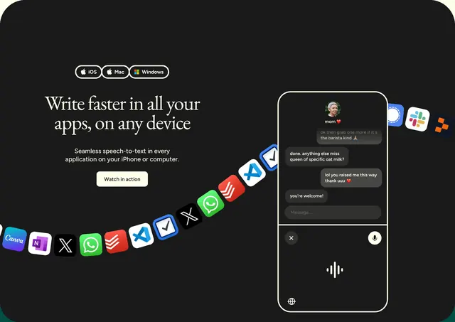 Flow Voice cross-app writing CTA, dark-mode, minimal, dark