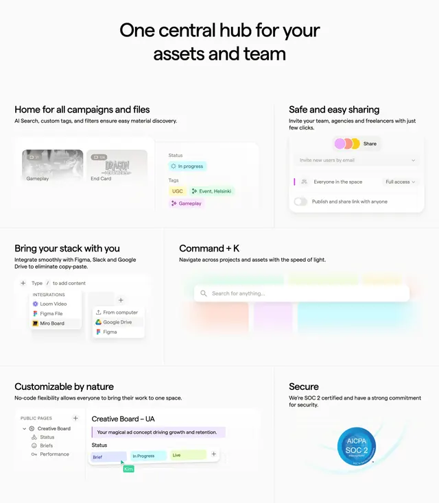 Focal bento features grid with UI mockups, minimal, light-mode, light