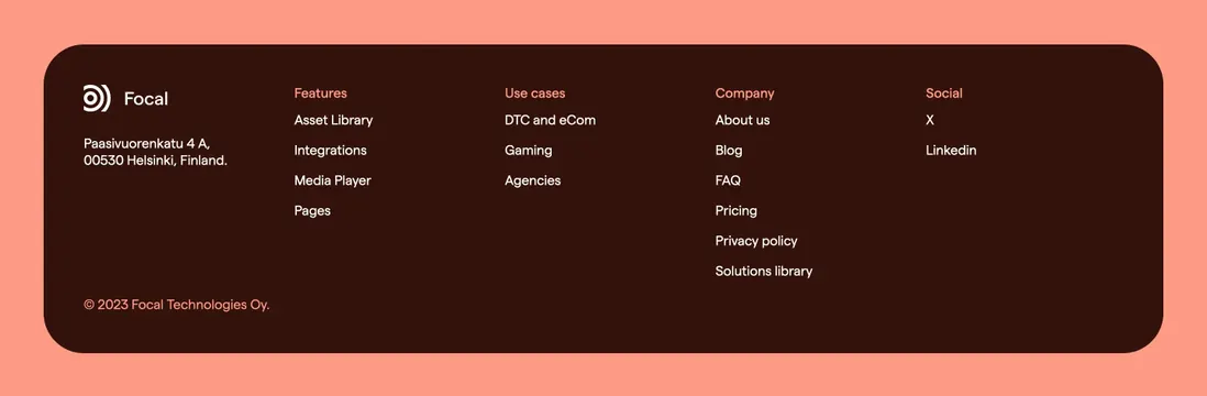 Focal rounded burgundy footer card, minimal, light-mode, dark