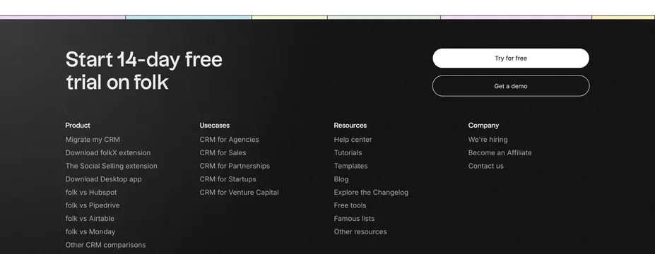 Folk dark footer with rainbow top border, dark-mode, minimal, dark