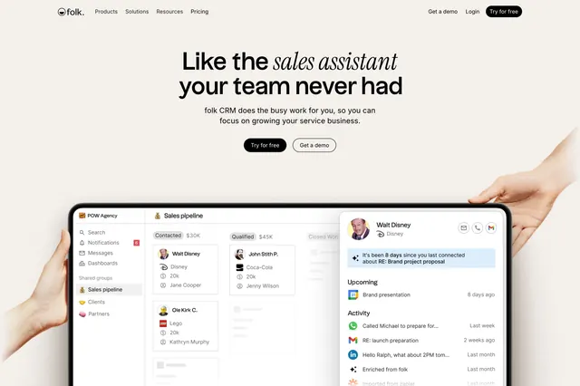Folk centered CRM hero with mixed-italic headline, light-mode, minimal, light