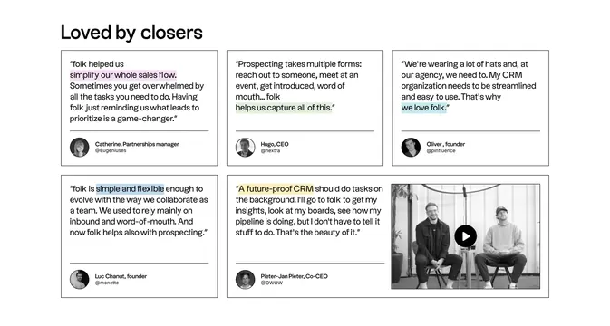 Folk quote grid with highlighted phrases and video, light-mode, minimal, light