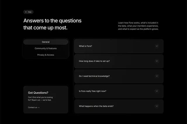 Fora FAQ with category sidebar and accordion, dark-mode, minimal, dark