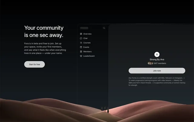 Fora community signup CTA with product mockup, dark-mode, minimal, dark