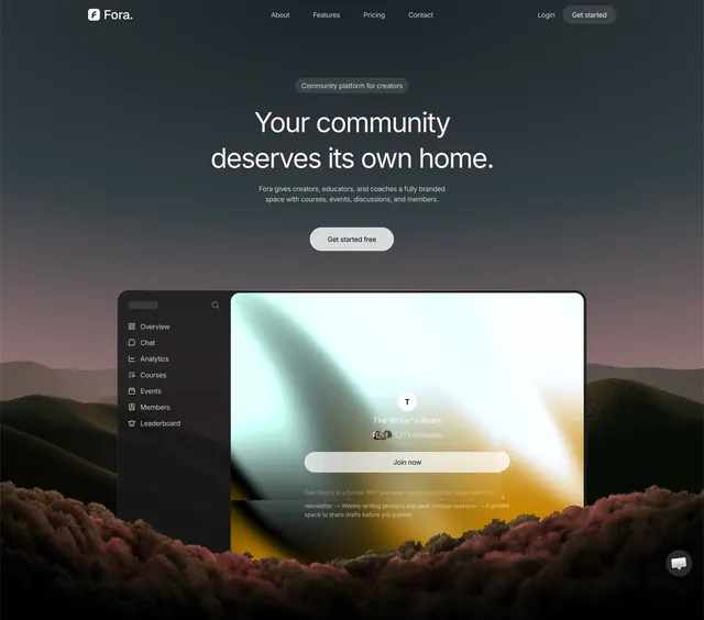 Fora creator community platform hero, dark-mode, minimal, dark