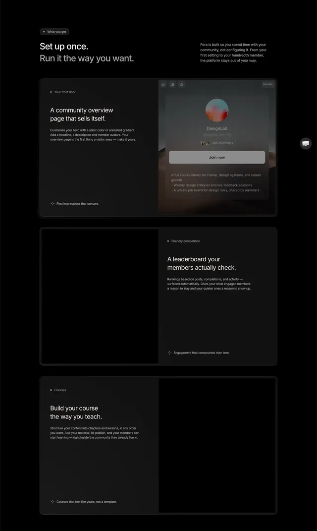Fora alternating feature grid, dark-mode, minimal, dark