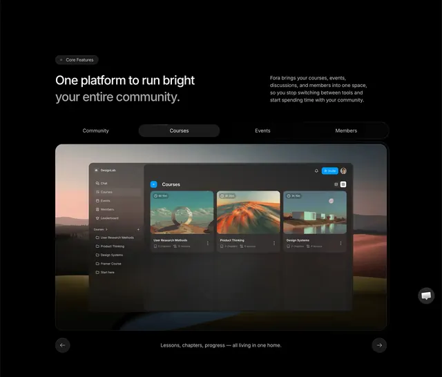 Fora tabbed product showcase, dark-mode, minimal, dark