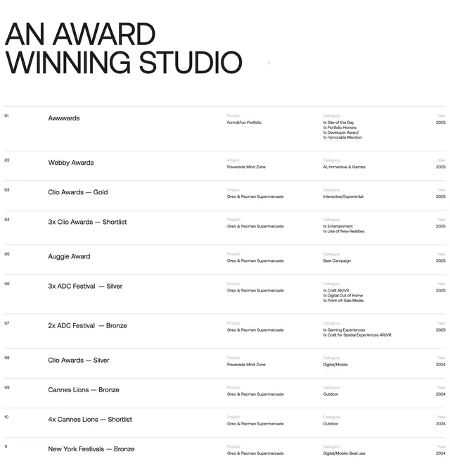 Form & Fun industry awards table, minimal, light-mode, light