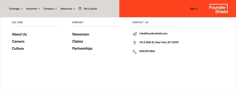 Founder Shield Company mega menu, corporate-clean, minimal, light