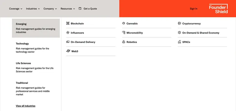 Founder Shield Industries mega menu, corporate-clean, minimal, light