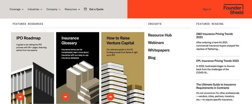 Founder Shield Resources mega menu, corporate-clean, minimal, light