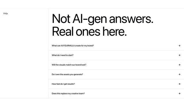 Fourmula FAQ accordion with oversized headline, light-mode, minimal, light