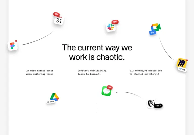 Frame chaotic work problem section with floating app icons, light-mode, minimal, light