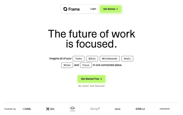 Frame focused-work hero with pill tags and trust bar, light-mode, minimal, light