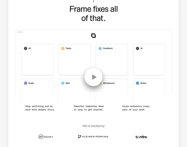 Frame solutions feature grid with video demo, light-mode, minimal, light