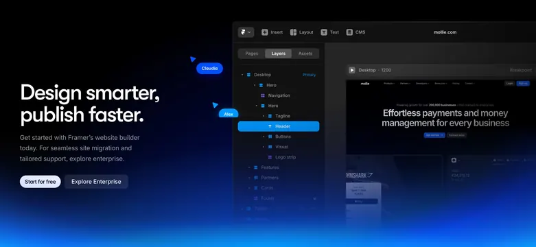 Framer dark CTA with editor canvas and cursors, dark-mode, gradient-heavy, dark