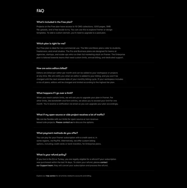 Framer dark expanded FAQ list, dark-mode, minimal, dark