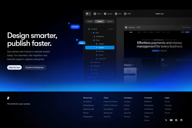 Framer CTA-plus-footer with five link columns, dark-mode, gradient-heavy, dark