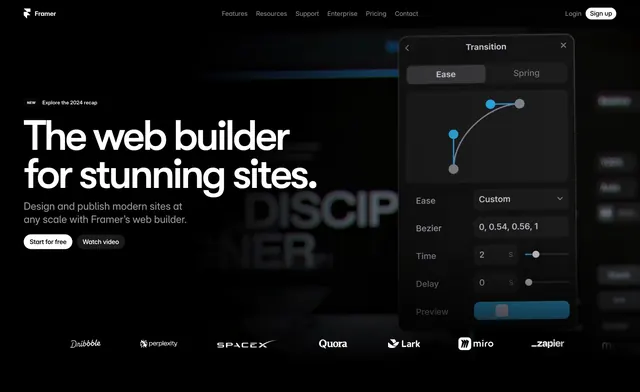 Framer web builder hero with floating editor panel, dark-mode, minimal, dark