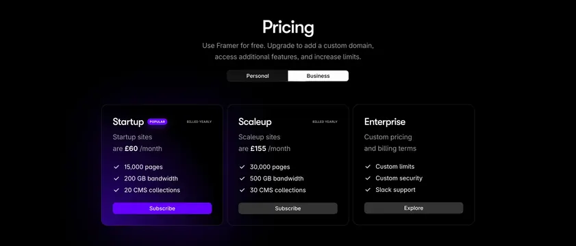 Framer dark three-column pricing with violet glow, dark-mode, minimal, dark
