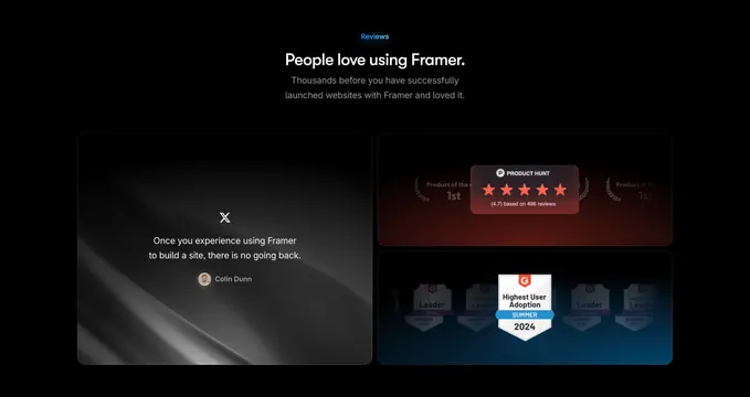 Framer dark testimonial bento with award cards, dark-mode, minimal, dark