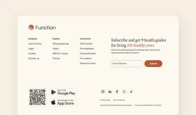 Function footer with newsletter signup, minimal, light-mode, light