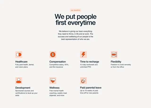 Furey career page benefits grid, minimal, light-mode, light