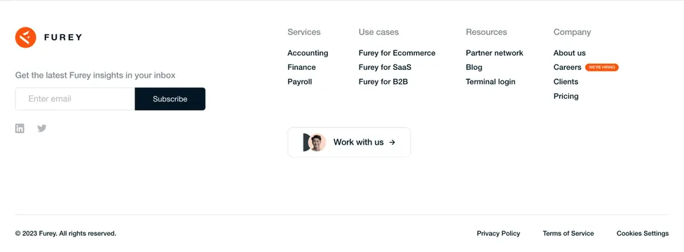 Furey home page footer, minimal, light-mode, light