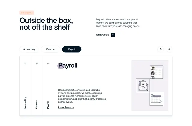 Furey home page tabbed services section, minimal, light-mode, light