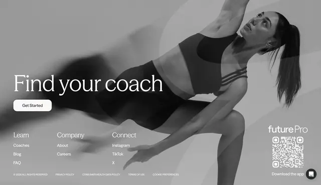 Future full-bleed footer with coach CTA, minimal, photographic, monochrome