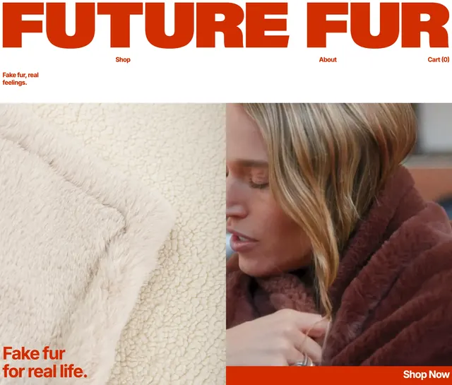 Future Fur split-image brand hero, minimal, light-mode, light