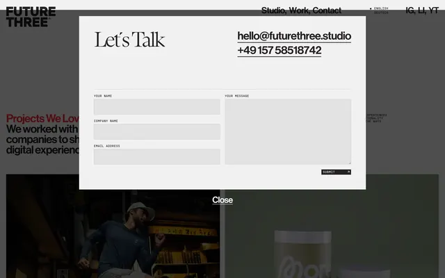 Future Three inquiry contact modal, minimal, light-mode, light