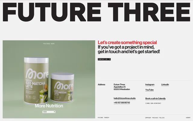 Future Three professional footer, minimal, light-mode, light