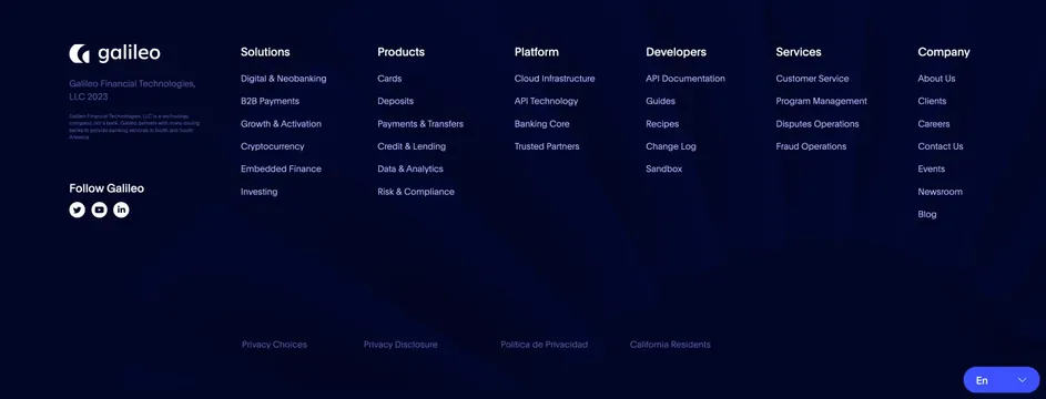 Galileo dark multi-column footer, dark-mode, corporate-clean, dark