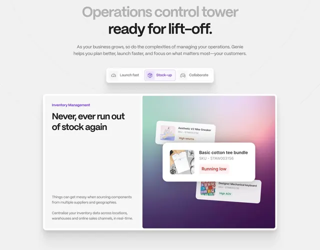 Genie tabbed benefits feature panel, minimal, gradient-heavy, light