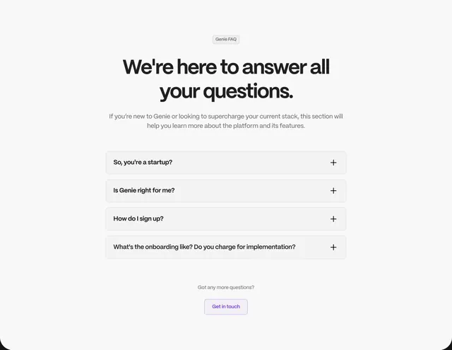 Genie centered FAQ accordion section, minimal, light-mode, light