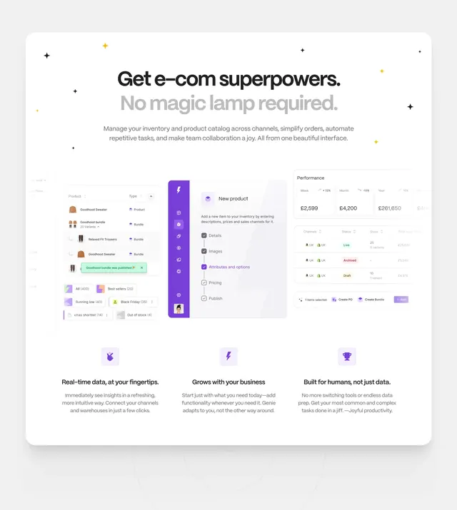 Genie e-commerce features with UI collage, minimal, light-mode, light
