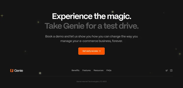 Genie dark footer with demo CTA, dark-mode, minimal, dark