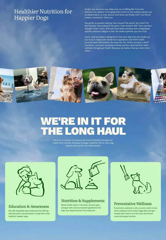 Get Joy dog wellness philosophy section, minimal, light-mode, light