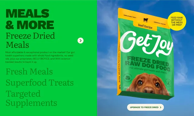 Get Joy tabbed meals and product showcase, minimal, light-mode, vibrant