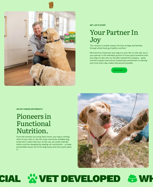 Get Joy alternating story and nutrition blocks, minimal, light-mode, pastel