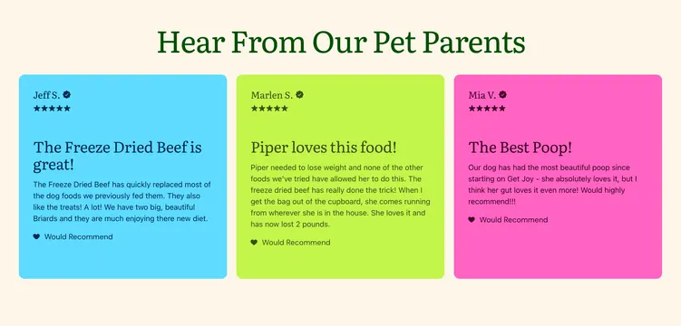 Get Joy colorful three-card testimonials, playful, light-mode, pastel
