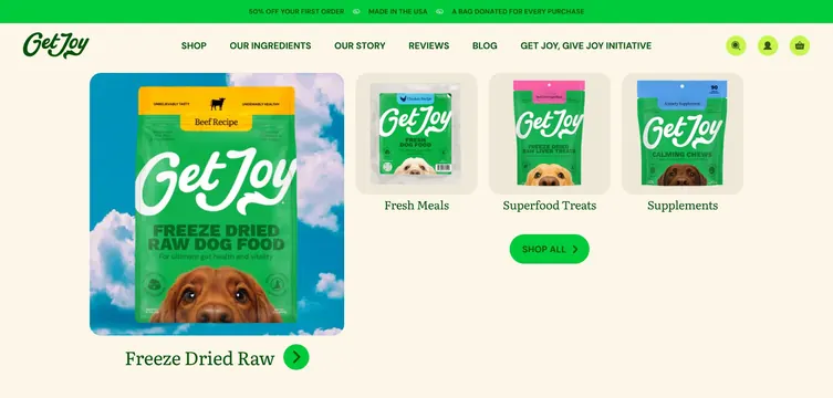 Get Joy shop mega menu category grid, minimal, light-mode, pastel