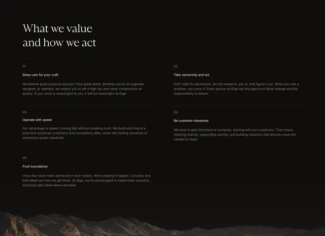 Giga brand values numbered grid, dark-mode, minimal, dark