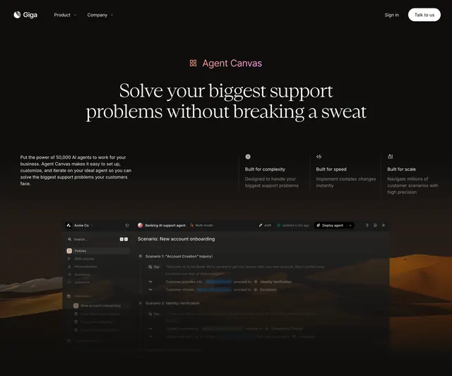 Giga Agent Canvas customer support feature, dark-mode, minimal, dark