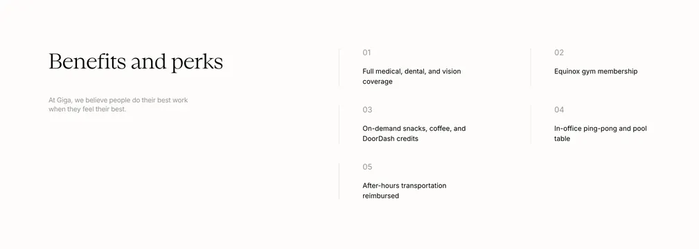 Giga benefits and perks careers feature, light-mode, minimal, light